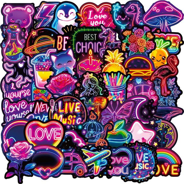 50er-Pack wasserfeste Aufkleberbögen mit Neon-Glüh-Designs in Multicolor für Gepäck, Skateboard und Kühlschrank - Bild 1
