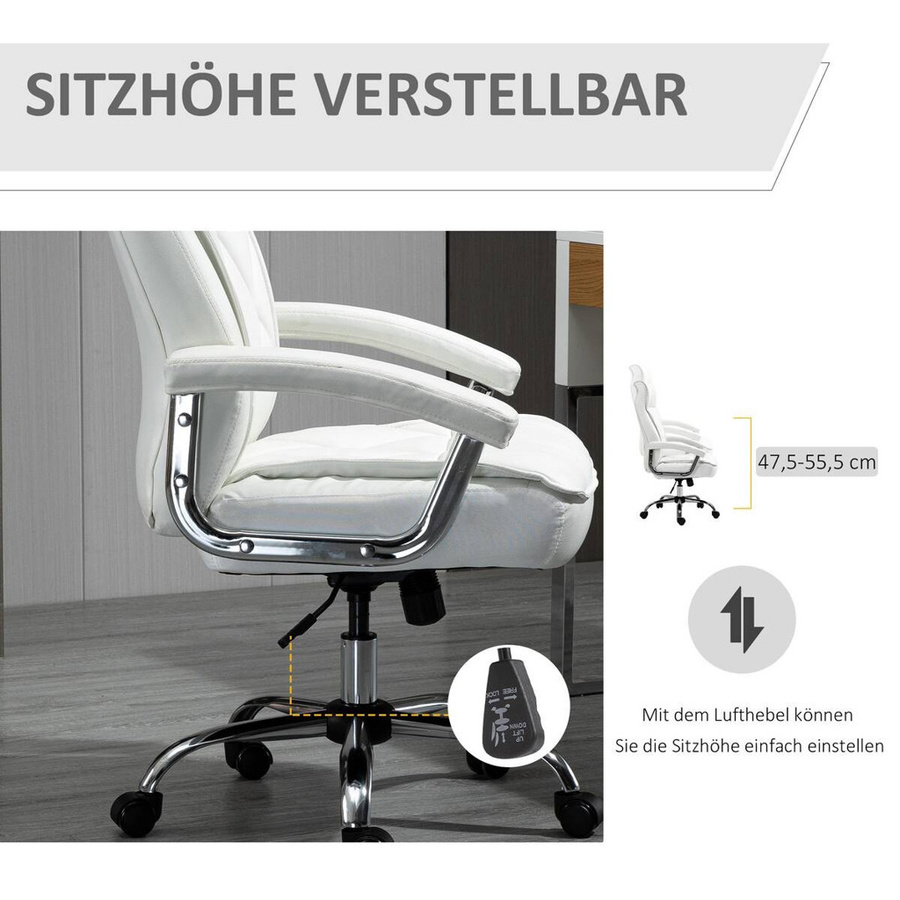 Vinsetto Chefsessel in Weiß mit Rautenmuster, höhenverstellbarer Drehstuhl aus PU-Leder und Metall, B/T/H: 66 x 69 x 121 cm - Bild 2