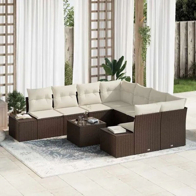 Vidaxl Garten-Sofa-Set aus Polyrattan mit 9 Kissen in Braun und Beige, Loungemöbel B/T/H: 55 x 55 x 37 cm - Bild 1
