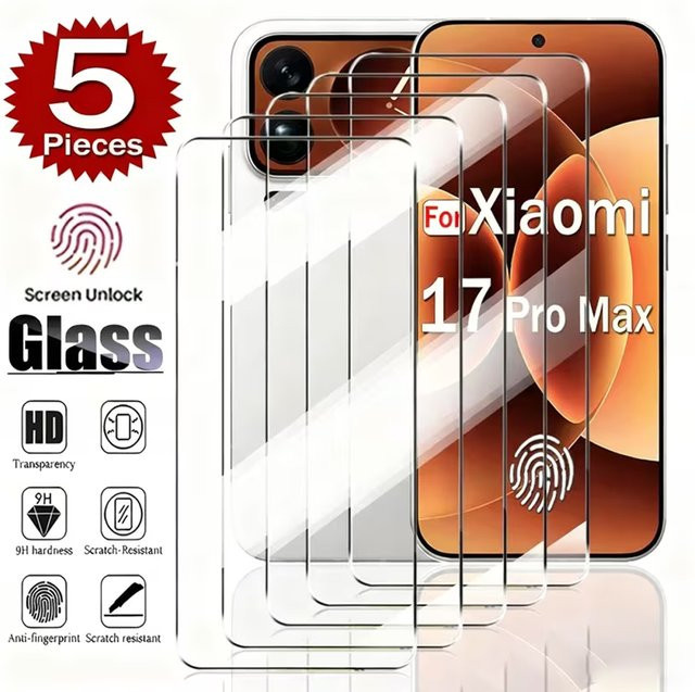 5er Pack HD Displayschutzfolie aus gehärtetem Glas für Xiaomi 17 Pro Max, Xiaomi 17 Pro und Xiaomi 17 mit vollständiger Abdeckung und Fingerabdruck-Entsperrfunktion, transparent - Bild 1