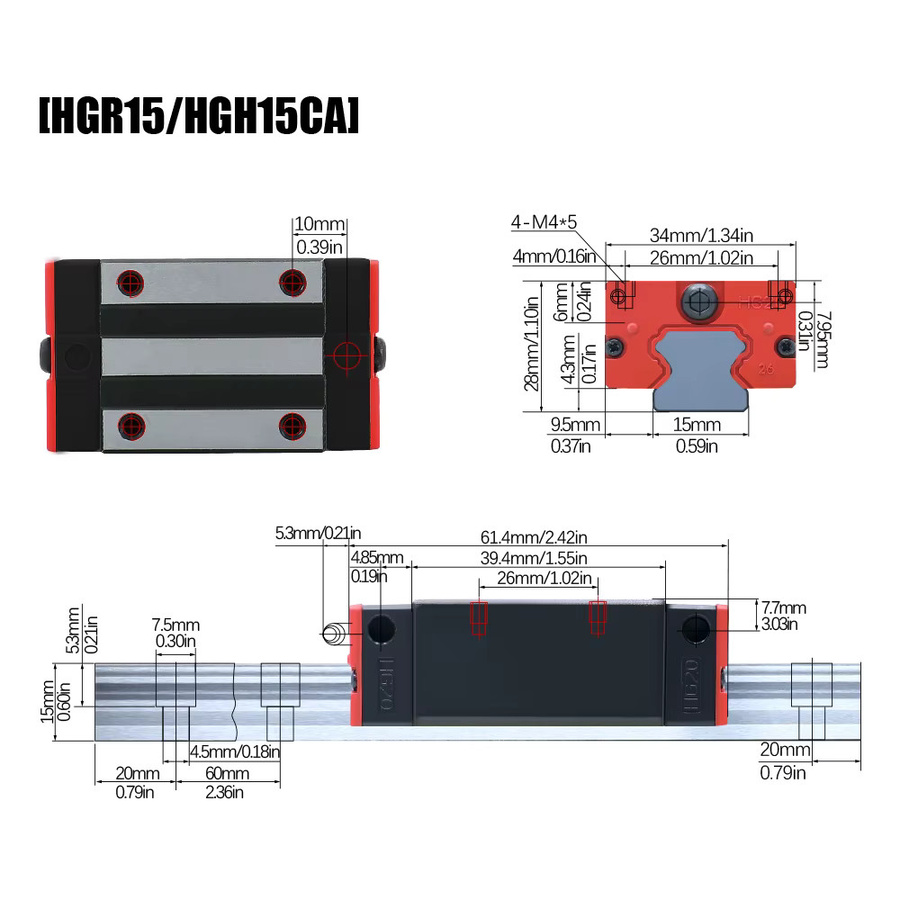 HLTNC Linearschienen-Kit für CNC-Fräsen mit 2 HGR20 Linearschienen und 4 Linearblöcken HGH20CA oder HGW20CC in Silber, Länge: 200-1500 mm - Bild 3