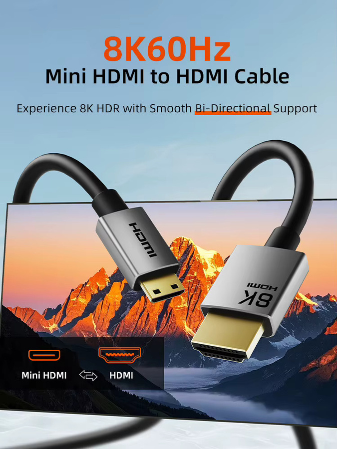 CABLETIME Mini HDMI auf HDMI Kabel in Schwarz, High-Speed HDMI 2.1 mit 8K 60Hz und 48Gbps für HDTV, Tablet und Kamera - Bild 6