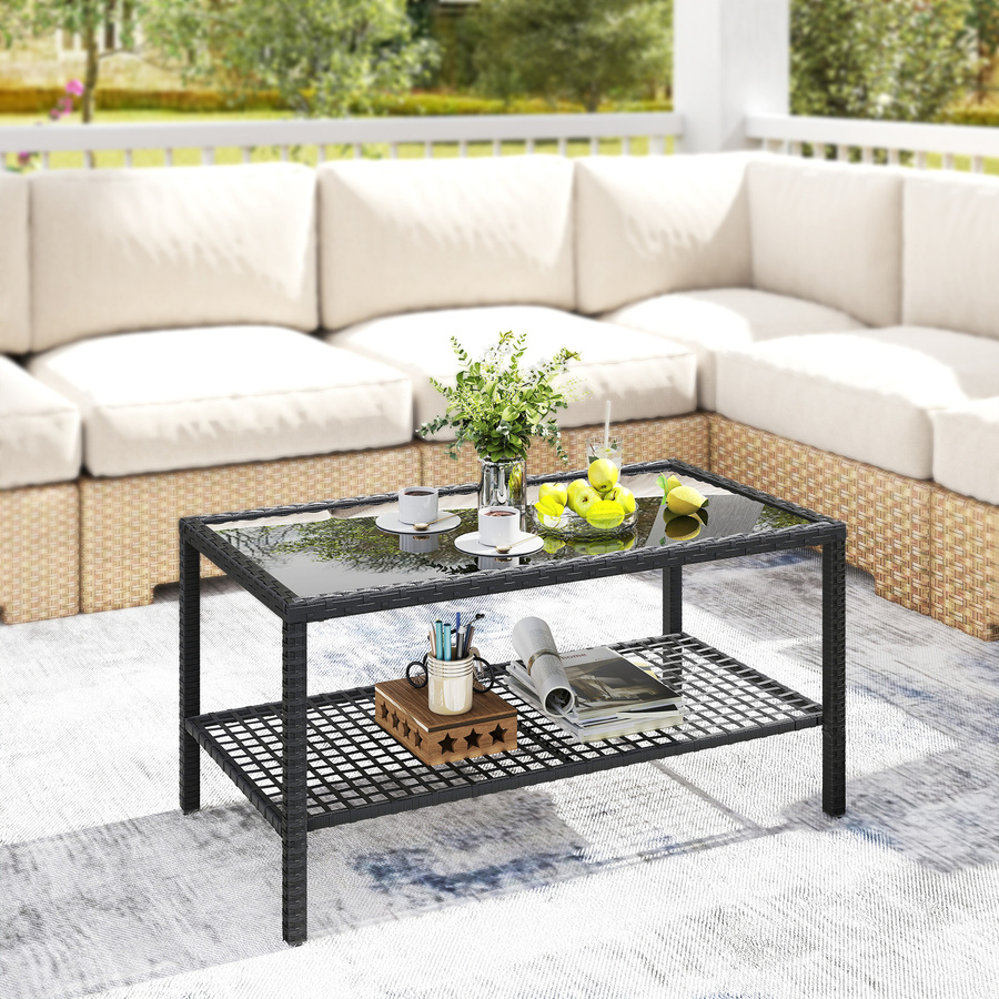 Outsunny Beistelltisch aus Polyrattan mit Glasplatte in Schwarz, rechteckiger Kaffeetisch für Garten, Terrasse und Balkon, B/T/H: 92 x 50 x 45 cm - Bild 2