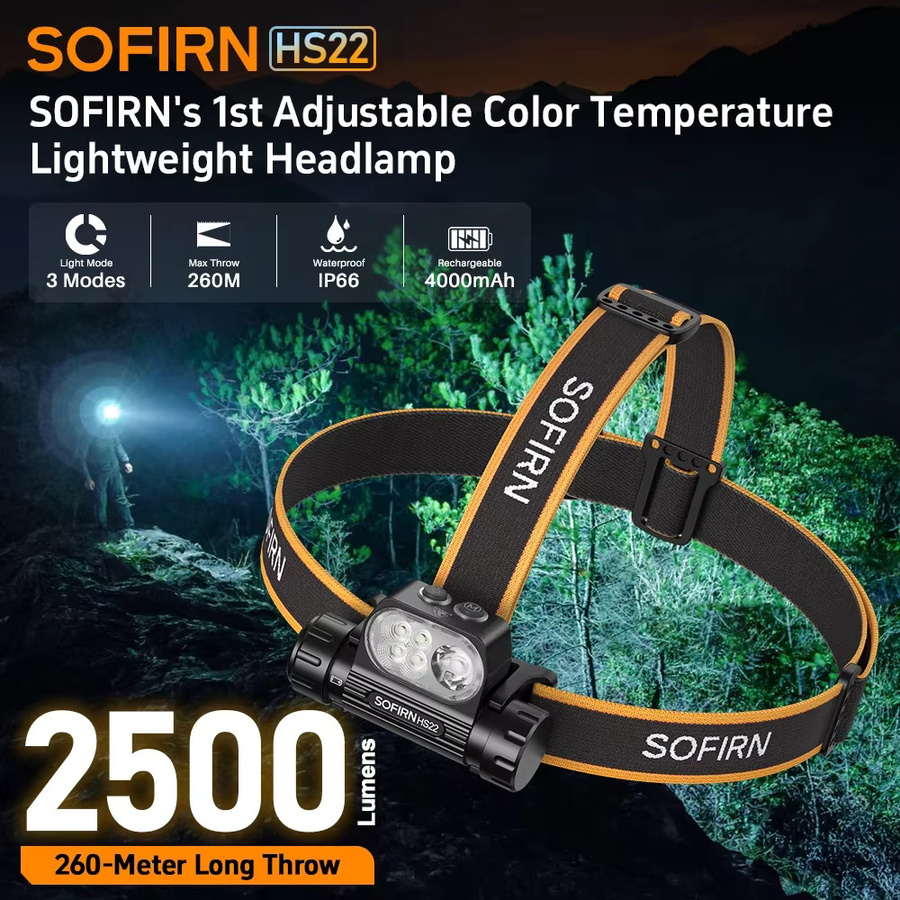 Sofirn HS22 Stirnlampe in Schwarz mit 2500 lm, SFT25R LED und stufenloser Farbtemperatureinstellung (2700–6000 K) sowie wiederaufladbarem 18650 4000 mAh Akku - Bild 2