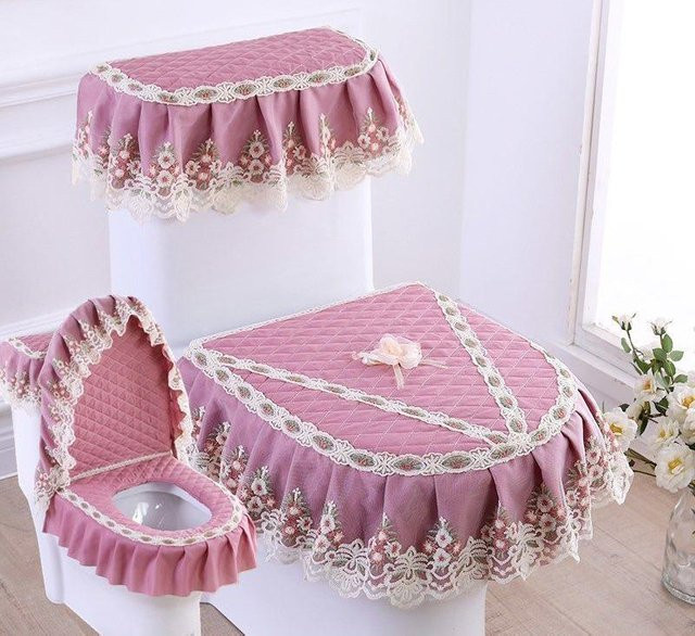 Binchi 3-teiliges Set WC-Abdeckung mit Spitzenstickerei und weichem Sitzring in floralem Design, abnehmbar und waschbar - Bild 1