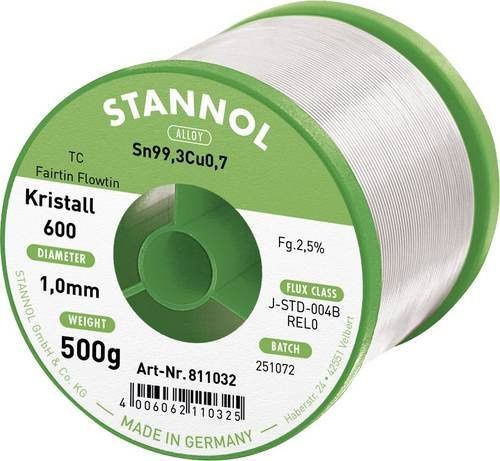 Stannol Kristall 600 Fairtin Lötzinn bleifrei Sn99,3Cu0,7 REL0 silber, 500 g, 1 mm - Bild 1