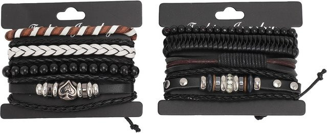 Neoglint Armband, mehrlagig geflochten, PU-Leder, Perlen, Schwarz, Unisex - Bild 1