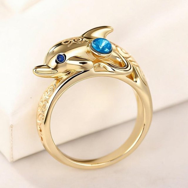 CAOSHI Ring, Delfin-Design, Gold, Kupfer, Zirkonia, Kristall, Damen - Bild 1