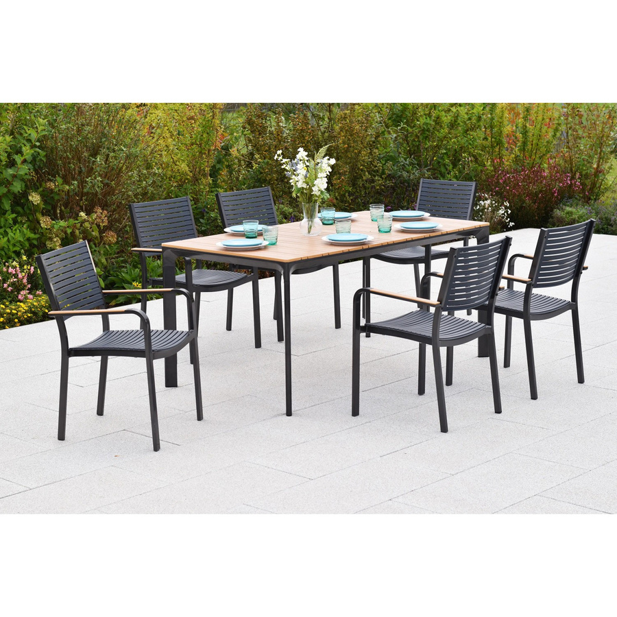 Merxx Paliano Gartenmöbel-Set 7-tlg. mit 6 Sitzplätzen in Schwarz und Grau aus Stahl und Kunststoff, Tisch B: 156 cm, T: 90 cm, H: 90 cm - Bild 2