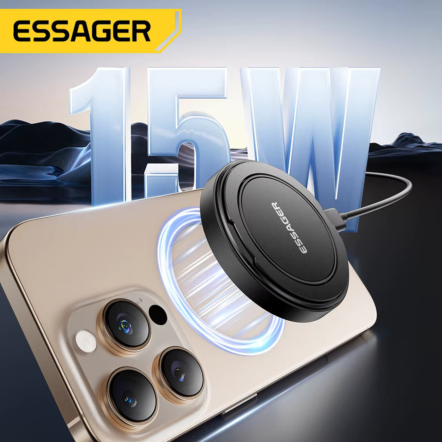 Essager Magnetisches kabelloses Ladegerät 15 W mit Kabel für iPhone 14 13 12 Pro Max und Samsung Xiaomi Kopfhörer, Schwarz - Bild 2