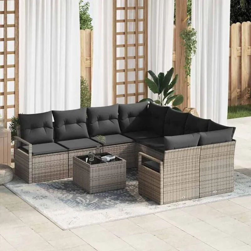 Vidaxl Garten-Sofa-Set aus Polyrattan mit Kissen in Grau, 9-teiliges Loungemöbel-Set, B/T/H: 55 x 55 x 37 cm - Bild 1