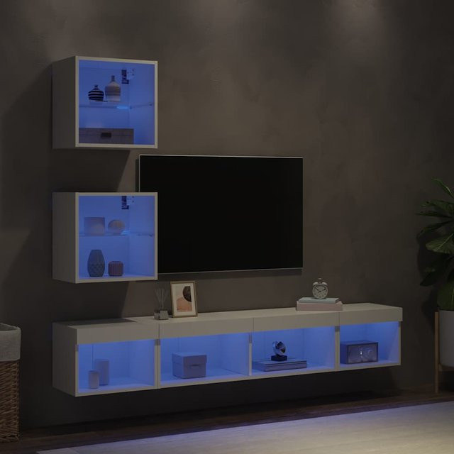 Modernes 5-teiliges TV-Möbelset aus Holzwerkstoff mit integrierter LED-Beleuchtung in Weiß Hochglanz, Wandmontage - Bild 1