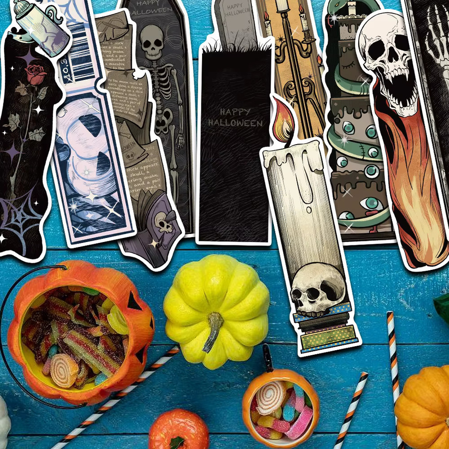 30er Set Halloween Lesezeichen mit Cartoon Horror Motiven wie Geistern, Schädeln, schwarzen Katzen und Kürbissen in Schwarz und Multicolour - Bild 3