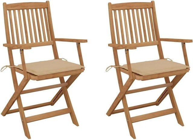 vidaXL Set aus 2 klappbaren Gartenstühlen aus Akazienholz mit beigen Kissen - Bild 1