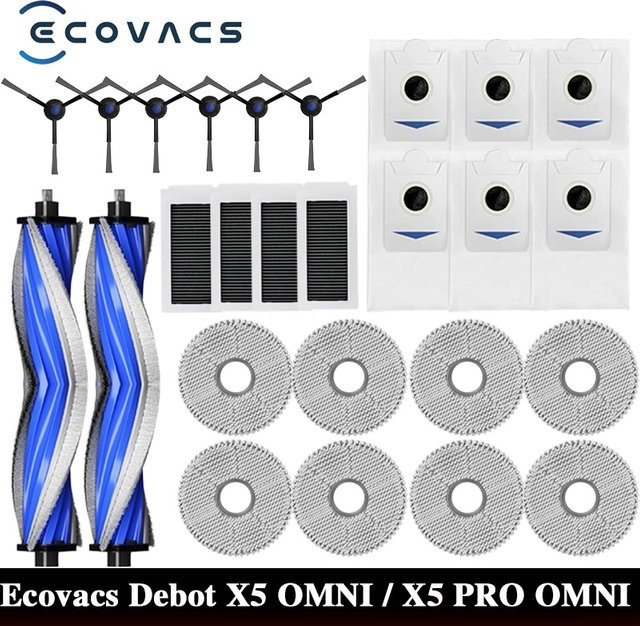 Ecovacs X5 OMNI und X5 PRO OMNI Roboter Staubsauger Ersatzteil-Set mit Staubbeuteln, Hauptseitenbürste, Filtern und Mopps - Bild 1