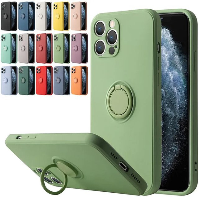 RUWANGAA Flüssigsilikon Handyhülle mit magnetischer Halterung und Ring für iPhone 15 14 13 12 11 Pro Max Mini X XS XR 8 7 Plus, stoßfest, Grau - Bild 1