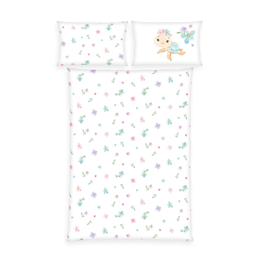 Herding Baby Bettwäsche Little Turtle aus Flanell mit Blumen und Schildkröte, Mehrfarbig, B/H: 100 x 135 cm und Kissenbezug 40 x 80 cm - Bild 1