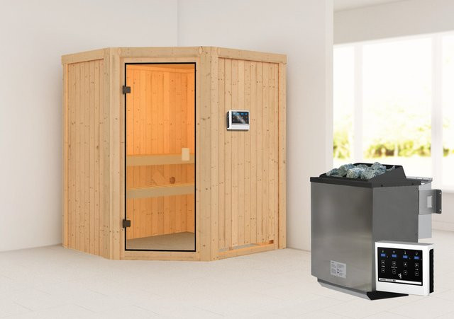 Woodfeeling Sauna Faurin aus Fichte in Braun mit 9,0 kW BioKombiofen, externem Steuergerät und bronzierter Glastür, B/T/H: 170 x 151 x 198 cm - Bild 1