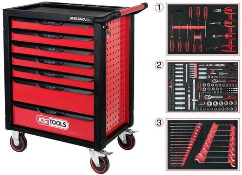 KS Tools RACINGline Werkstattwagen aus Stahlblech mit 7 Schubladen und 215 Premium-Werkzeugen, Schwarz/Rot - Bild 1