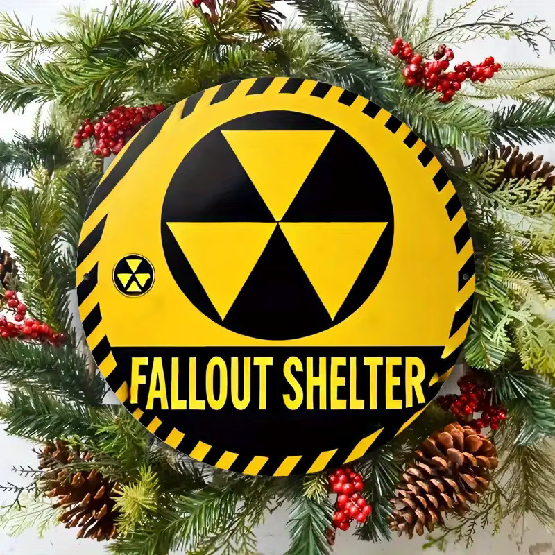 Potdemiel Vintage Aluminium Wandbild Nuclear War Shelter Schild in Gelb und Schwarz, Durchmesser: 20 cm - Bild 3