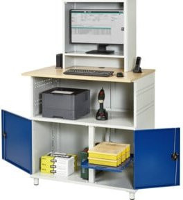 RAU Computer-Station Typ 1023 mit Monitorfach für bis zu 26 Zoll, Arbeitsplatte und Unterschrank, Stahl und Holz, BucheDekor, B: 110 cm, T: 80 cm, H: 181 cm - Bild 1