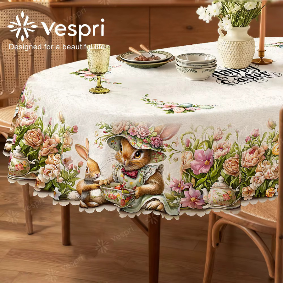 Vespri Oster-Tischdecke mit Blumen und Hasen in Weiß und Rosa aus Polyester für Partys und Feste - Bild 2