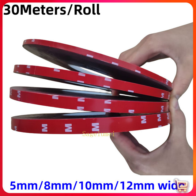 Doppelseitiges Acrylschaum-Klebeband für Auto und LKW, Rot, Rolle 30 m, Breite: 12 mm, Dicke: 1 mm - Bild 1