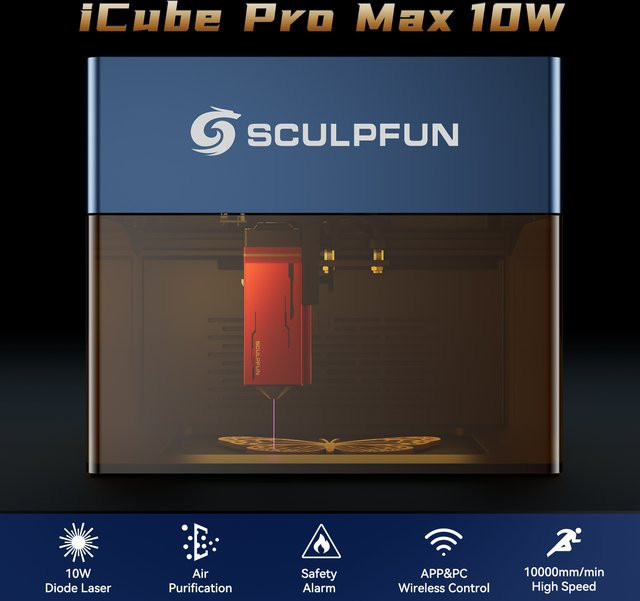 Sculpfun iCube ProMax 10W Lasergravierer mit Rauchfilter und Temperaturalarm - Bild 1
