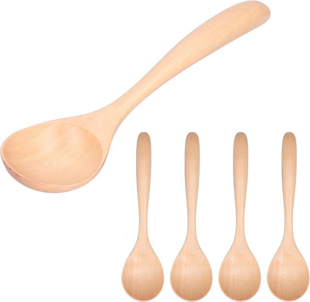 CosyHome Suppenlöffel Set aus Holz mit langem Griff, 5 Stück, beige, oval und hitzebeständig - Bild 1