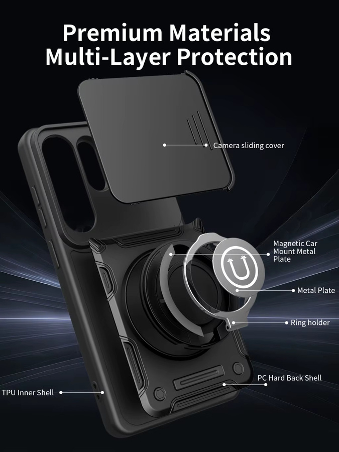 Magnetische 360 Grad Ring-Kickstand Handyhülle mit Schiebe-Kameraabdeckung für Samsung Galaxy S26 Ultra S25 Plus S24 FE A57 A37 A17 A07 in Blau - Bild 3