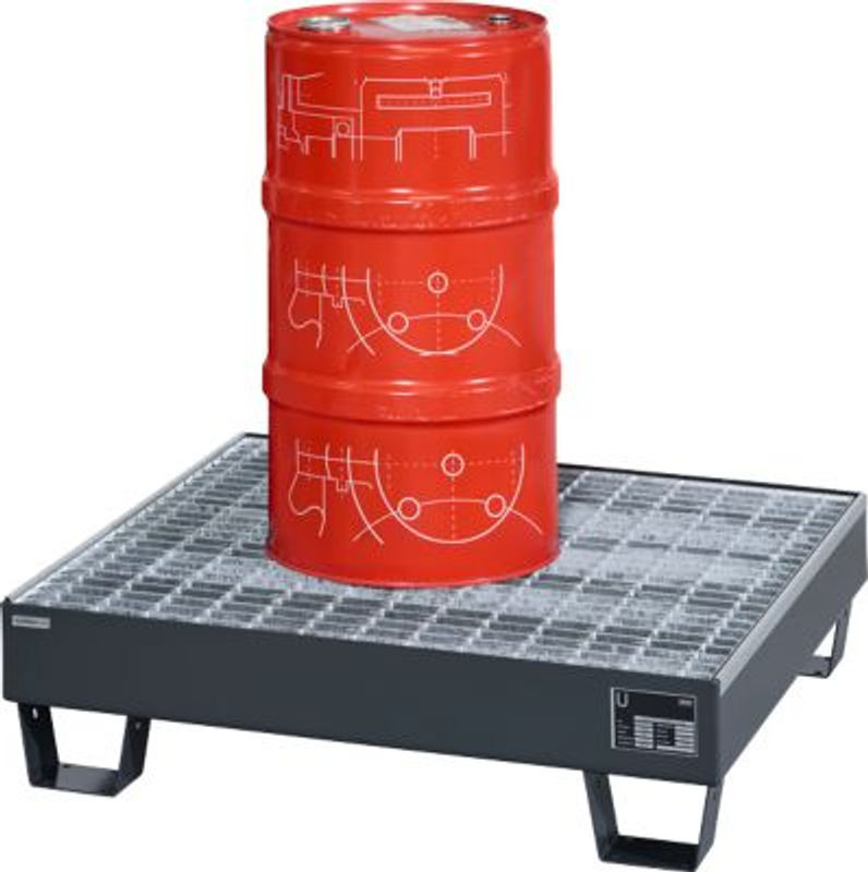 Auffangwanne Schäfer Shop Pure 60-2/M aus Stahl mit verzinktem Gitterrost, anthrazit RAL 7016, für 4 x 60 Liter Fässer, unterfahrbar, L 910 x B 800 x T 220 mm - Bild 2