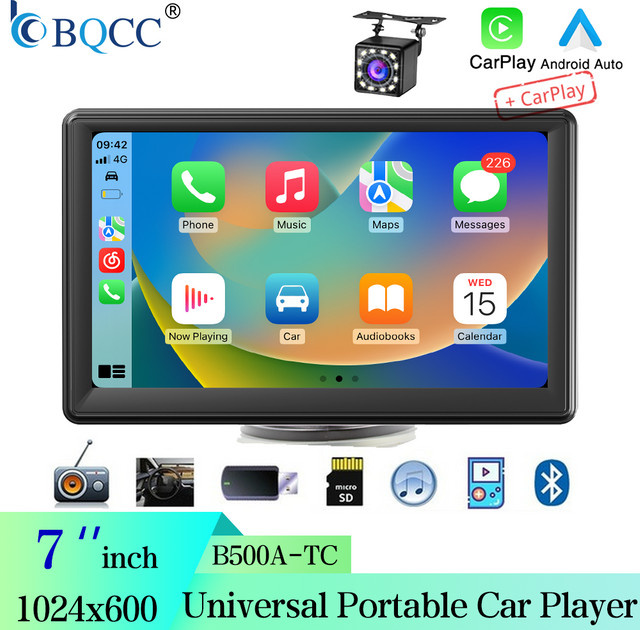 BQCC 7 Zoll Universeller MP5-Player mit kabellosem CarPlay, Android Auto und Bluetooth, FM-Radio, Schwarz - Bild 1