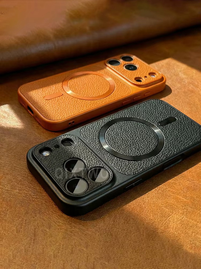 QIXTWO Magnetische Kunstleder-Handyhülle in Orange mit kabelloser Ladefunktion und stoßfestem TPU Softcover für iPhone 13 14 15 16 17 Pro Max Plus Air - Bild 3