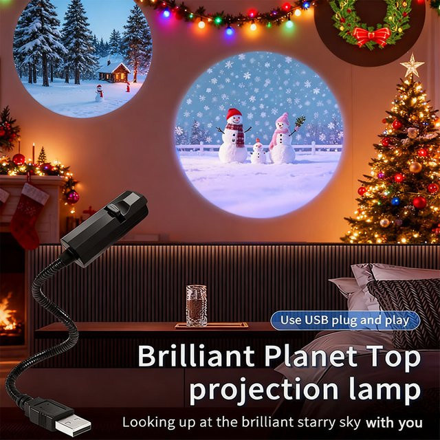 VENUSWING Weihnachts-USB-Projektorlicht mit Schneemann-Motiv, 360-Grad-LED-Nachtlicht mit drehbarem Musterdesign - Bild 1