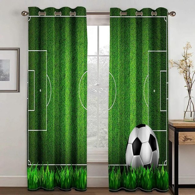 2er-Set Fußball Vorhänge mit 3D-Design in Rot Weiß Blau Grün, halbtransparente Fensterdekoration aus Polyester, B: 50 cm, H: 130 cm - Bild 1