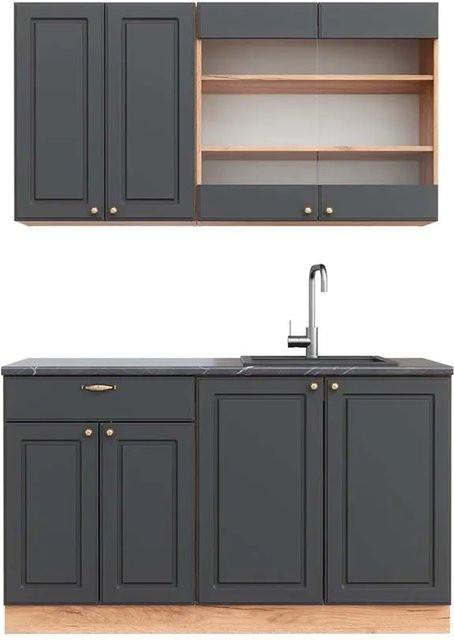 Vicco Fame-Line Singleküche Landhausstil in Anthrazit und Eiche mit Soft-Close-Türen, Breite: 140 cm - Bild 1