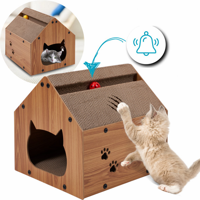 Katzenhaus Kratzhaus KITTY von Ultiness als Kratzmöbel mit Kratzpappe und 2 integrierten Spielbällen in Rot, Gelb und Braun - Bild 1
