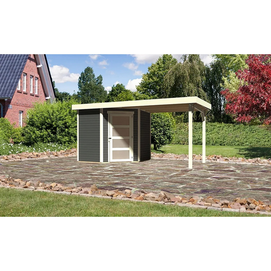 Karibu Gartenhaus Schwandorf aus Holz in Terragrau mit Flachdach und Anbaudach B/H/T: 433 x 218 x 217 cm - Bild 2