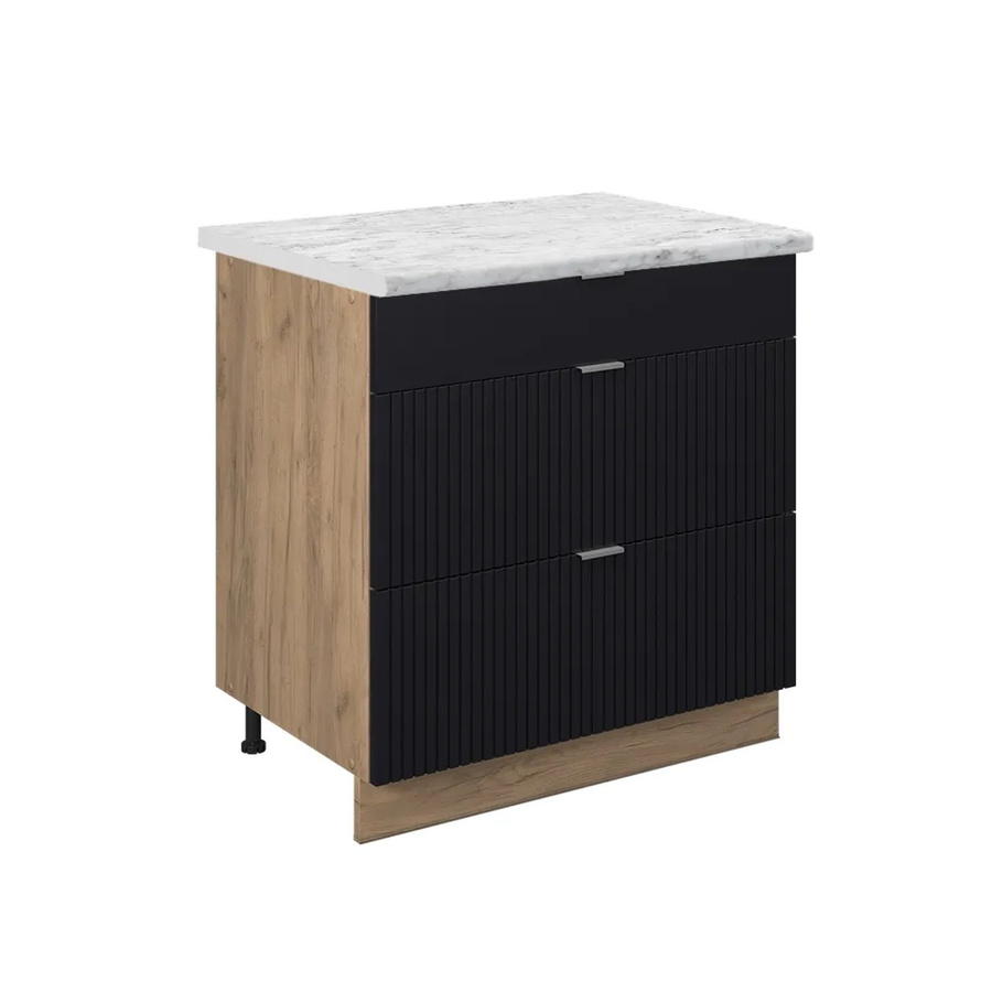 Vicco Küchenunterschrank Fame-Line in Eiche und Schwarz Gestreift mit 3 Schubladen und Marmor-Arbeitsplatte, Breite: 80 cm, Höhe: 82 cm, Tiefe: 60 cm - Bild 2