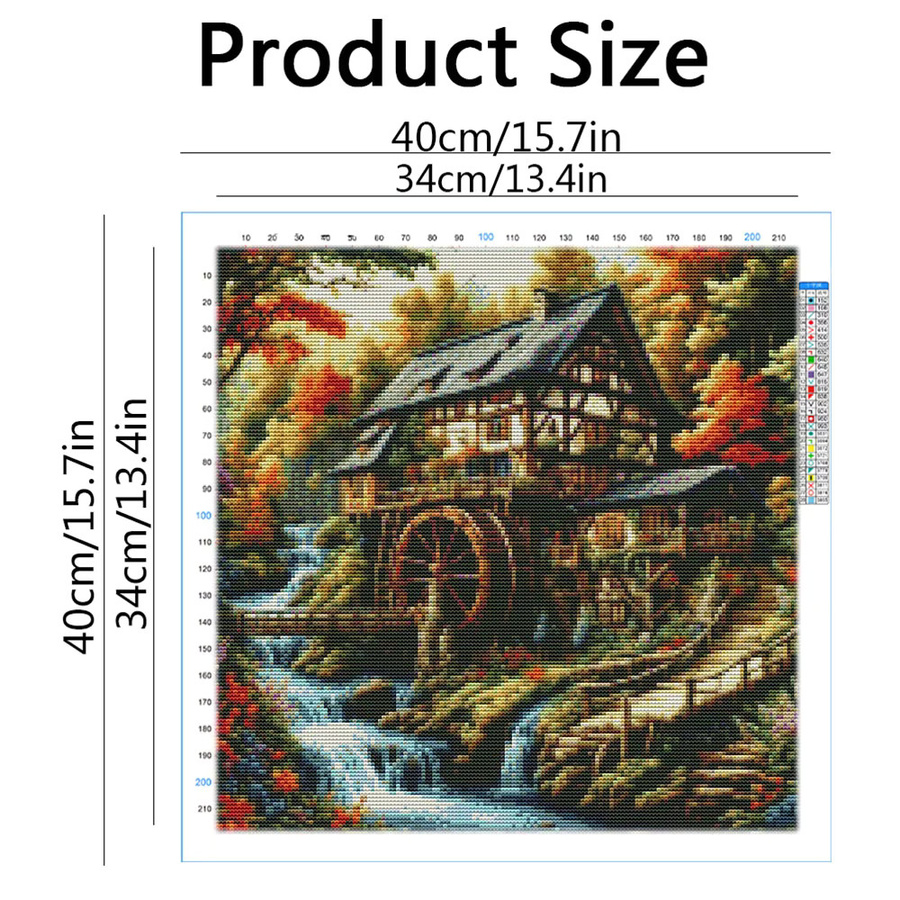 HUACAN Kreuzstich-Set Hauslandschaft mit Wasserfall als Wanddekoration, Mehrfarbig - Bild 2