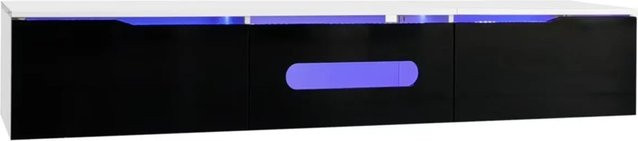 PXloue TV-Schrank zur Wandmontage mit LED-Beleuchtung in Schwarz-Weiß, modern und glänzend mit geriffeltem Design, B/T/H: 180 x 30 x 30 cm - Bild 1
