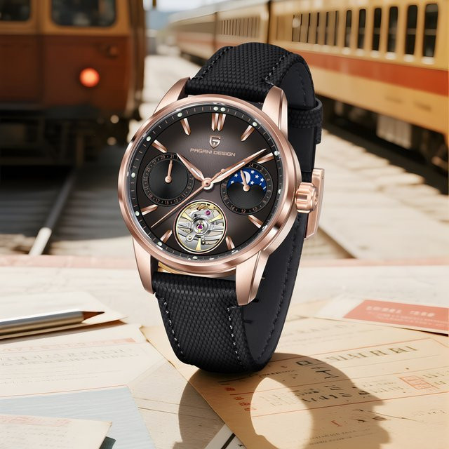 PAGANI DESIGN Armbanduhr, Automatik, Roségold, Mondphase, Leder, Herren - Bild 1