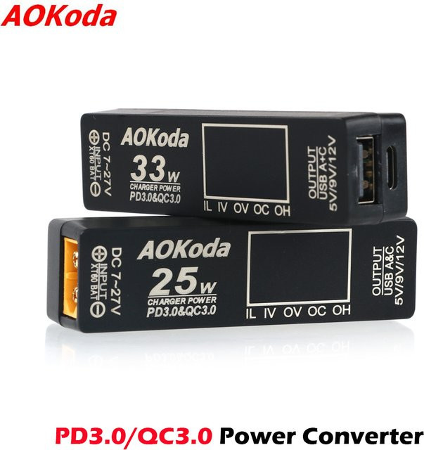 AOKoda Stromwandler-Adapter XT60 zu USB mit PD3.0 Schnellladefunktion für Smartphone, Tablet und PC, Schwarz - Bild 1