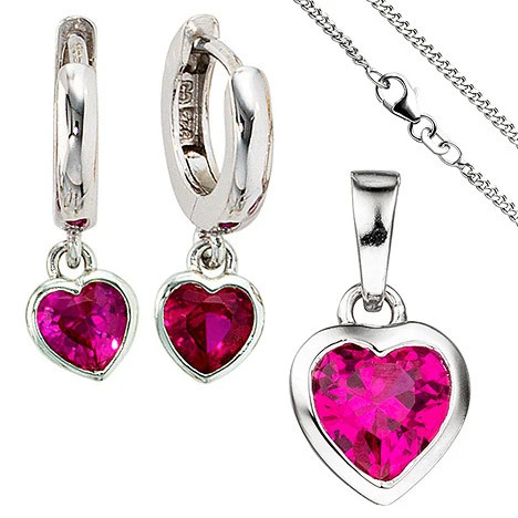 Colfem Schmuck-Set Herz, 925 Silber, Zirkonia, pink rosa, Kinder Mädchen, mit Kette 42 cm - Bild 1
