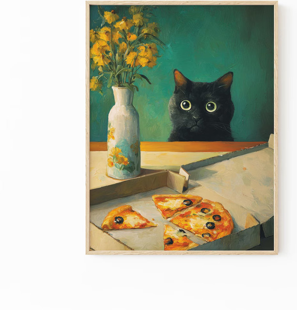 Wandkunst von SHENCHEN mit Katze und Pizza in Blaugrün und Goldgelb auf Papier - Bild 1