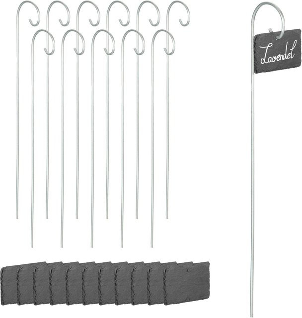Relaxdays Schiefer Pflanzenschilder Set mit Metallstab, 12 Stück, Anthrazit und Silber - Bild 1