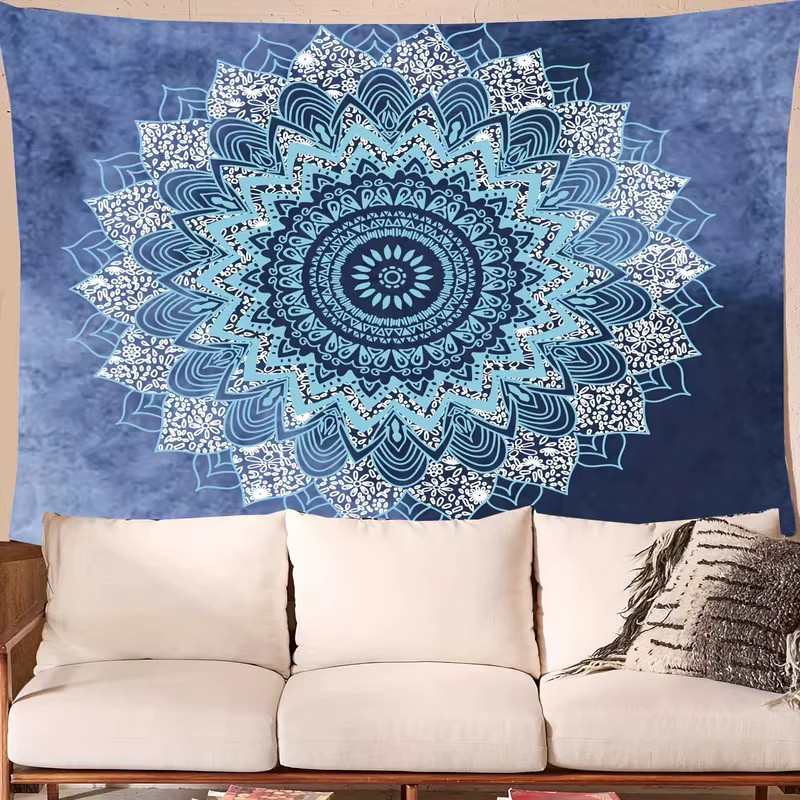 VIKAMA Boho-Mandala Wandbehang in Blau mit floralem Design, Textil-Wandteppich für Wohnzimmer und Schlafzimmer, B: 60 cm, H: 40 cm - Bild 2