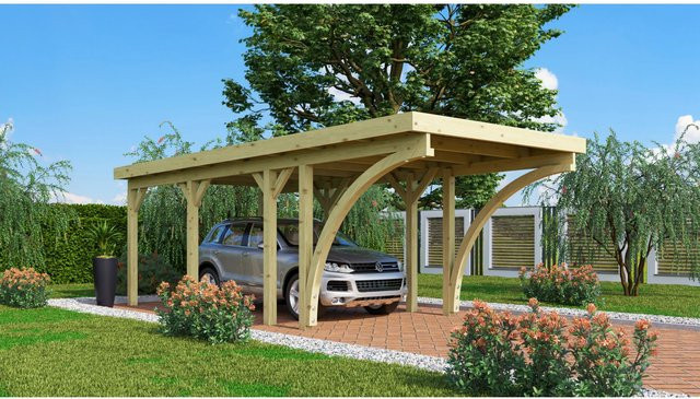 Karibu Einzelcarport Classic 2 mit PVCDach und zwei Einfahrtsbögen, kesseldruckimprägniertes Holz, Außenmaß B: 273 cm, T: 586 cm - Bild 1