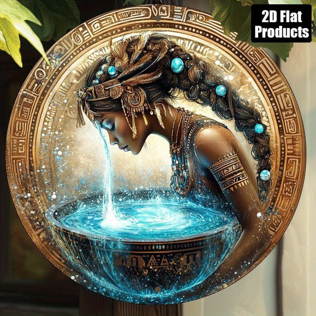 Potdemiel Wassergöttin Aluminium-Wandkunst, rundes Vintage-Dekoschild in Blau und Gold, Durchmesser: 20,3 cm - Bild 1