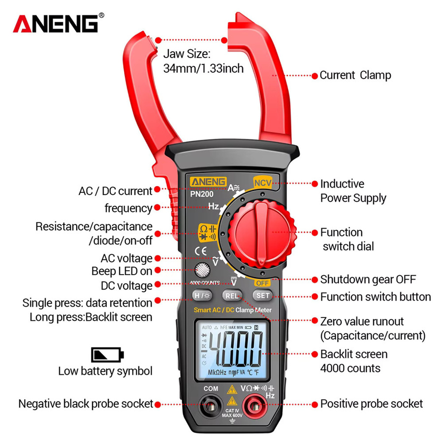 ANENG PN200 Digitales Zangenmessgerät 600A AC/DC Strom-Spannungs-Multimeter mit NCV, Ohm, Widerstands- und Kapazitäts-Tester in Rot - Bild 5
